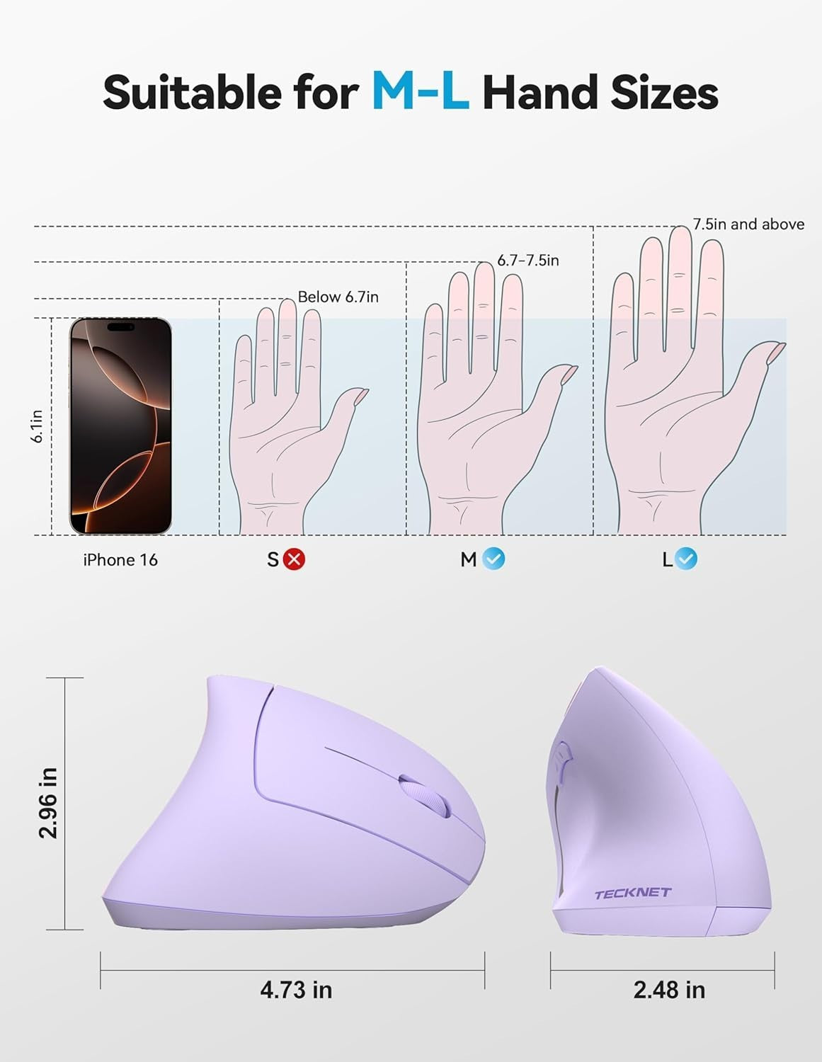Purple Vertical Ergonomic Mouse Bluetooth Rechargeable 4800 DPI