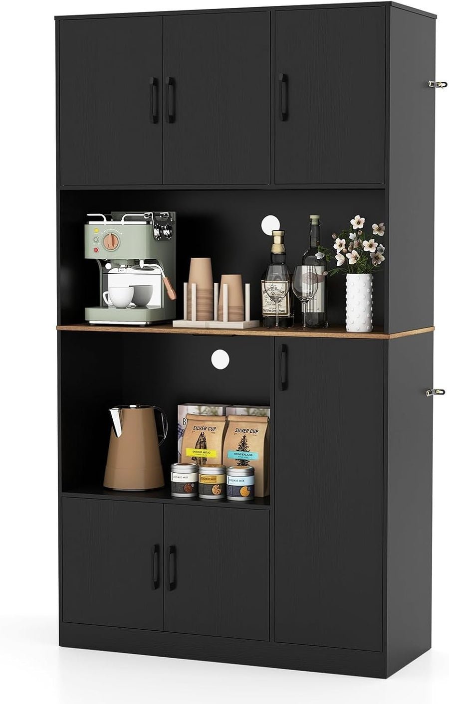 180cm Tall Kitchen Cupboard Black 6 Doors Pantry Cabinet with Power Outlet