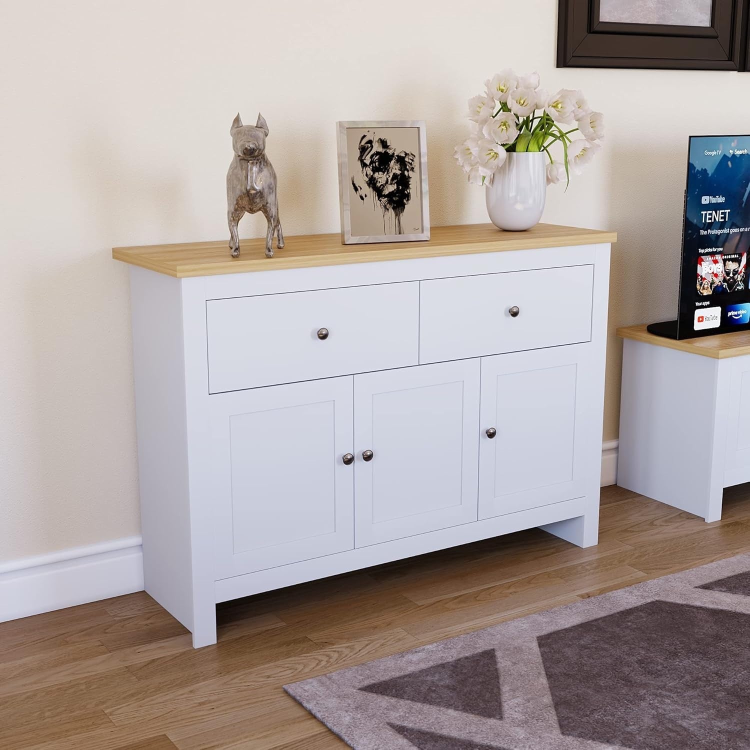 White & Oak Sideboard Cabinet with Drawers Storage Buffet Cupboard 3 Door