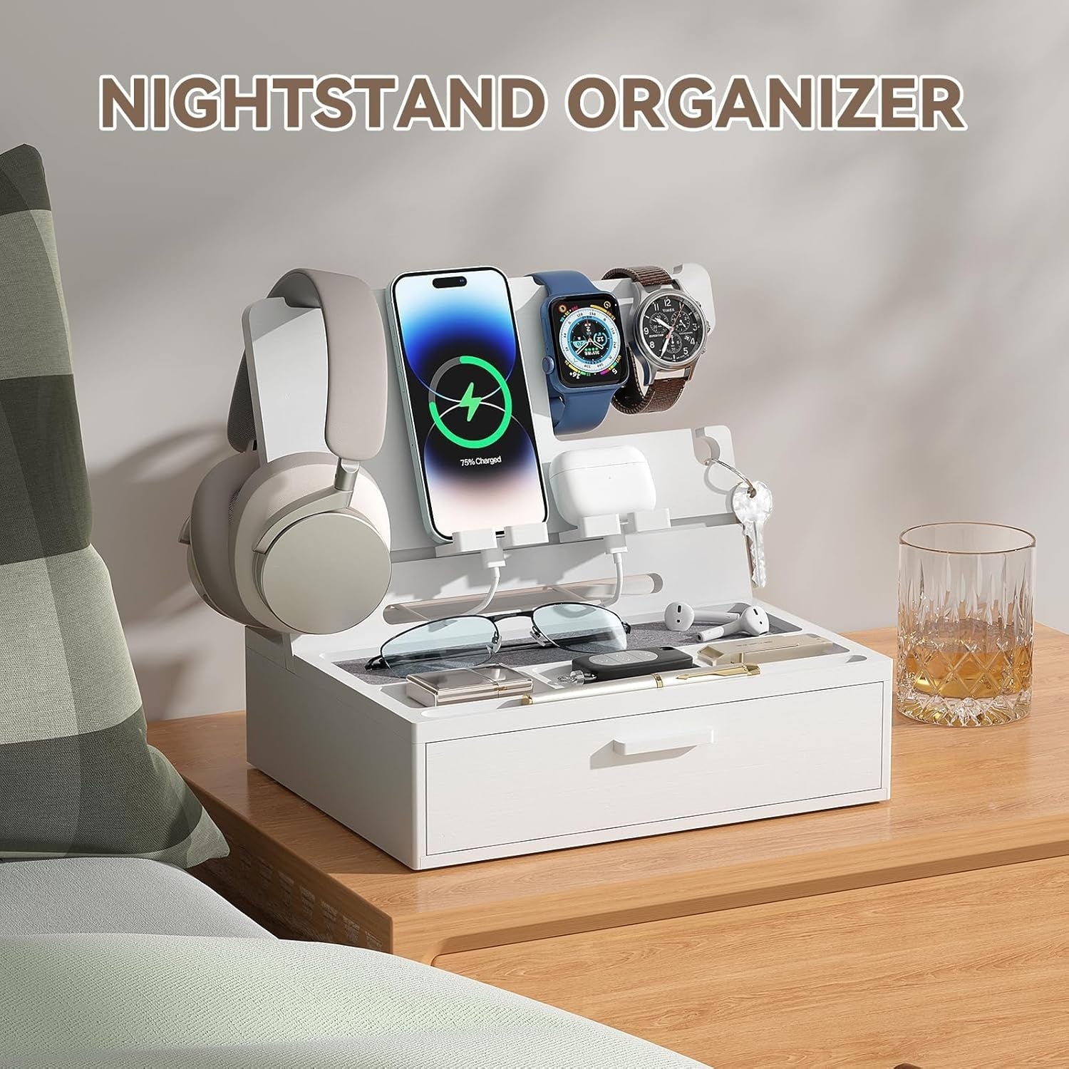 Bamboo Nightstand Organizer Tray with Drawer & Phone Dock for Multi-Device