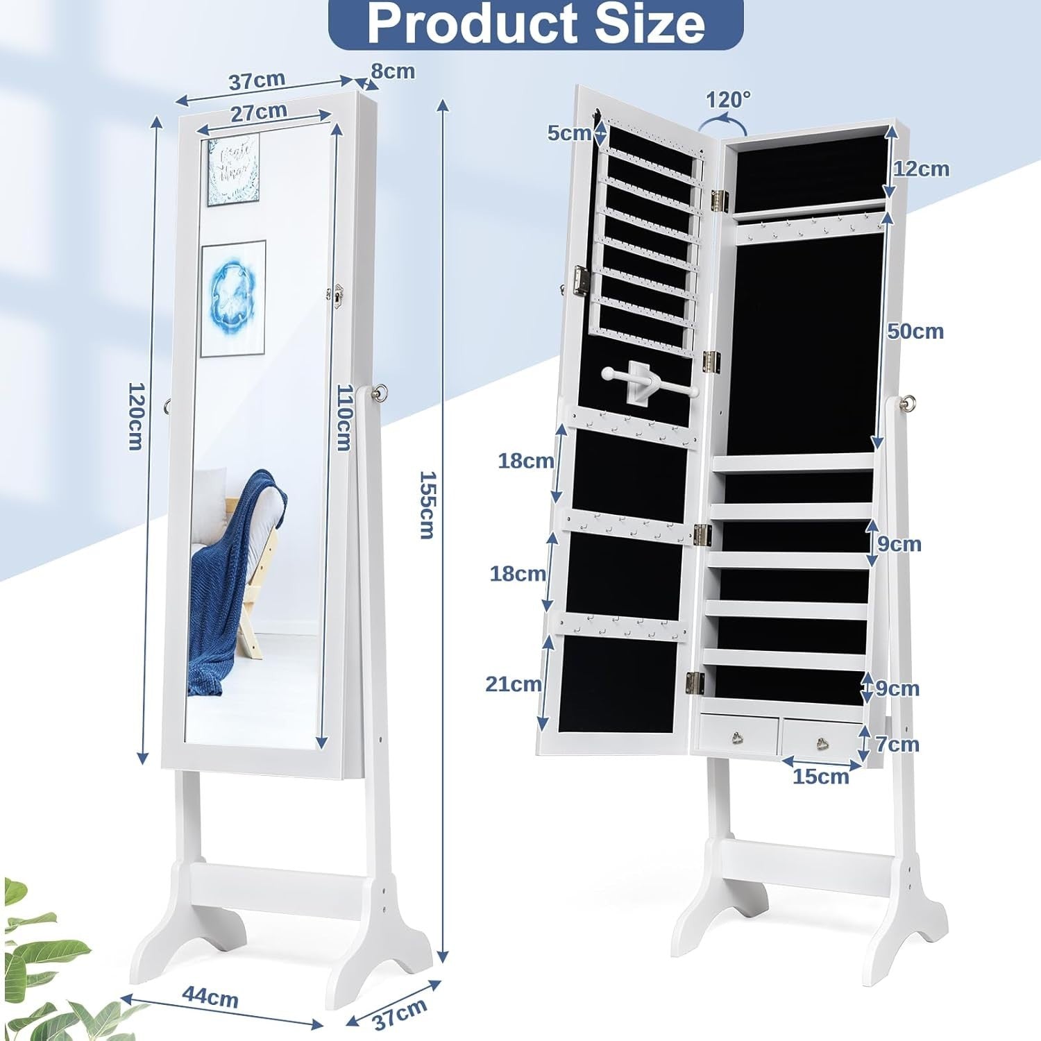 White Standing Jewelry Organizer Mirror Lockable Armoire Adjustable Angle