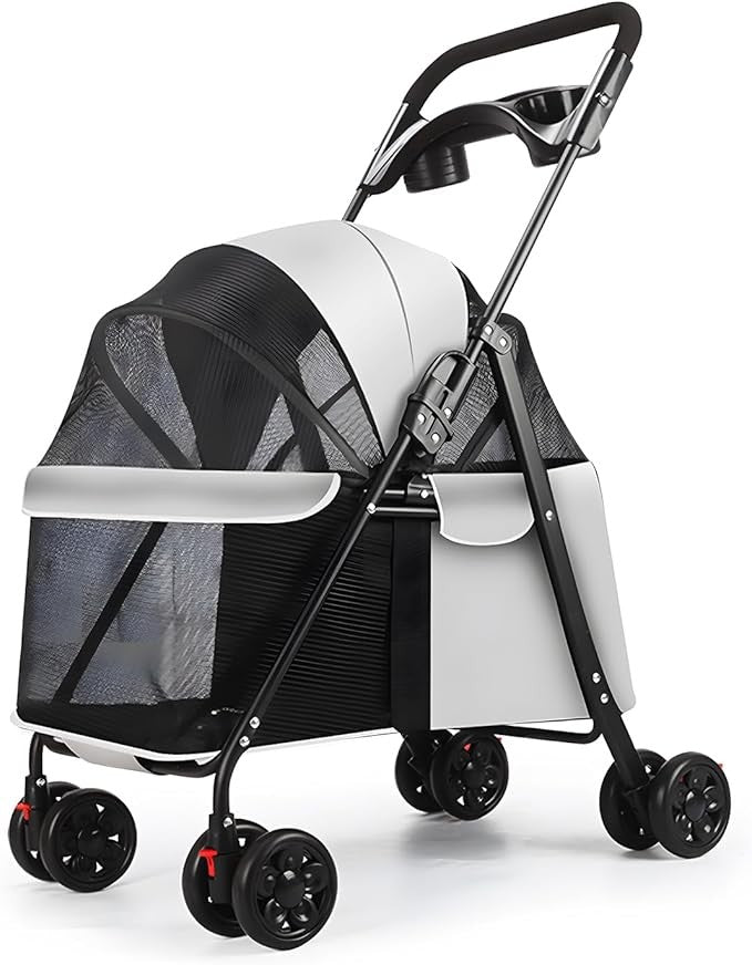 Dog Stroller Foldable Pet Pram 4 Wheel Travel Pushchair Cup