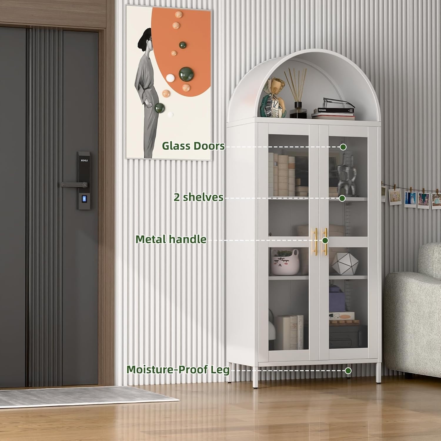 185cm Metal Arched Kitchen Pantry Cabinet White | 2-Door Storage