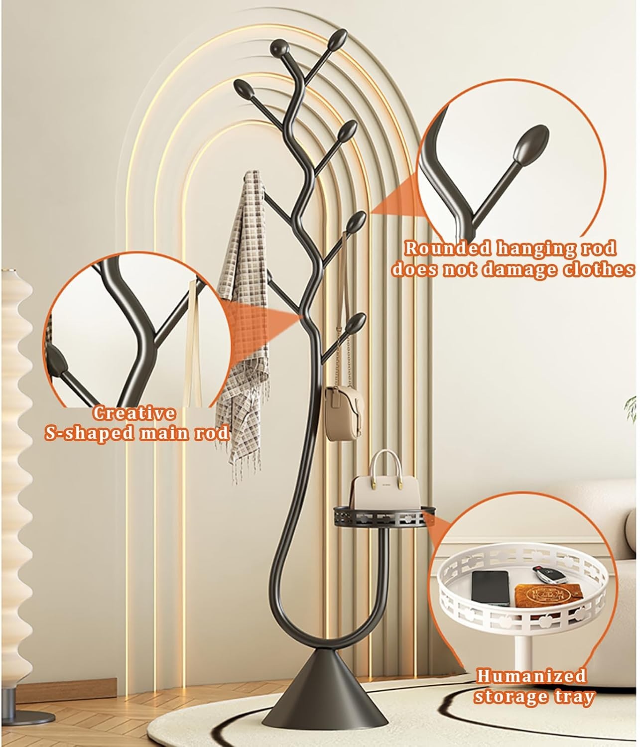 Luxury Gold Metal Coat Rack Stand 8 Hooks Tray Modern Hall Tree 171cm