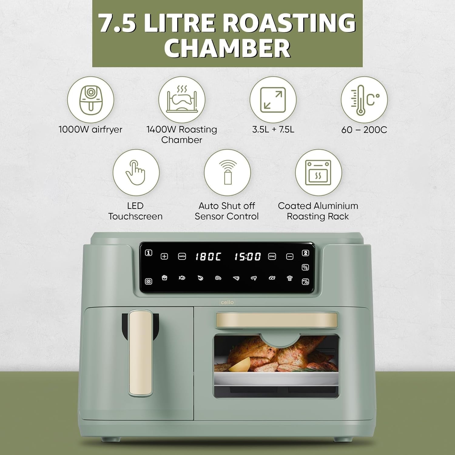 11L Dual Zone Air Fryer 2400W | 3.5L + 7.5L Drawers | 8-in-1 | Sage Green