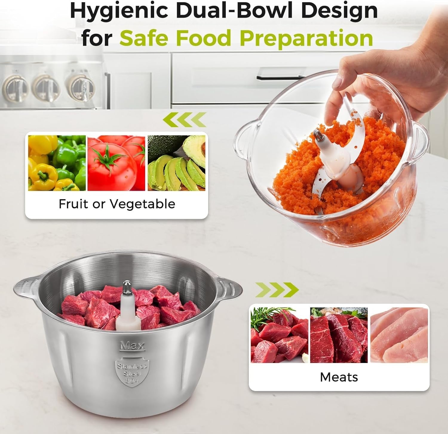 500W Food Processor Chopper 1.8L Glass 2L Steel Bowl Dual Blade