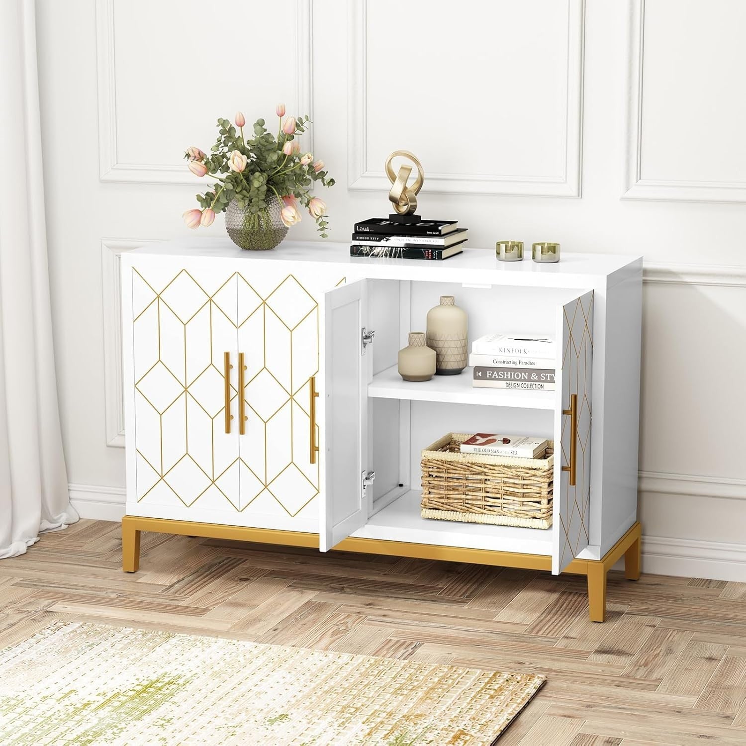 White Sideboard Cabinet 4 Door Gold Trim Storage Unit for Hallway Room