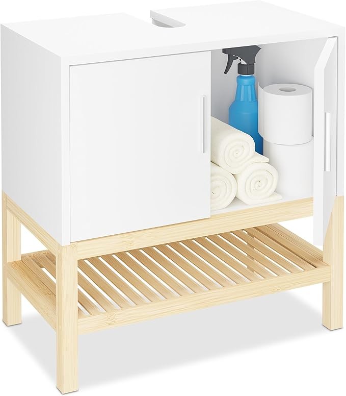 White Bamboo Bathroom Sink Cabinet 60x60x33cm Vanity Storage Unit with Shelf