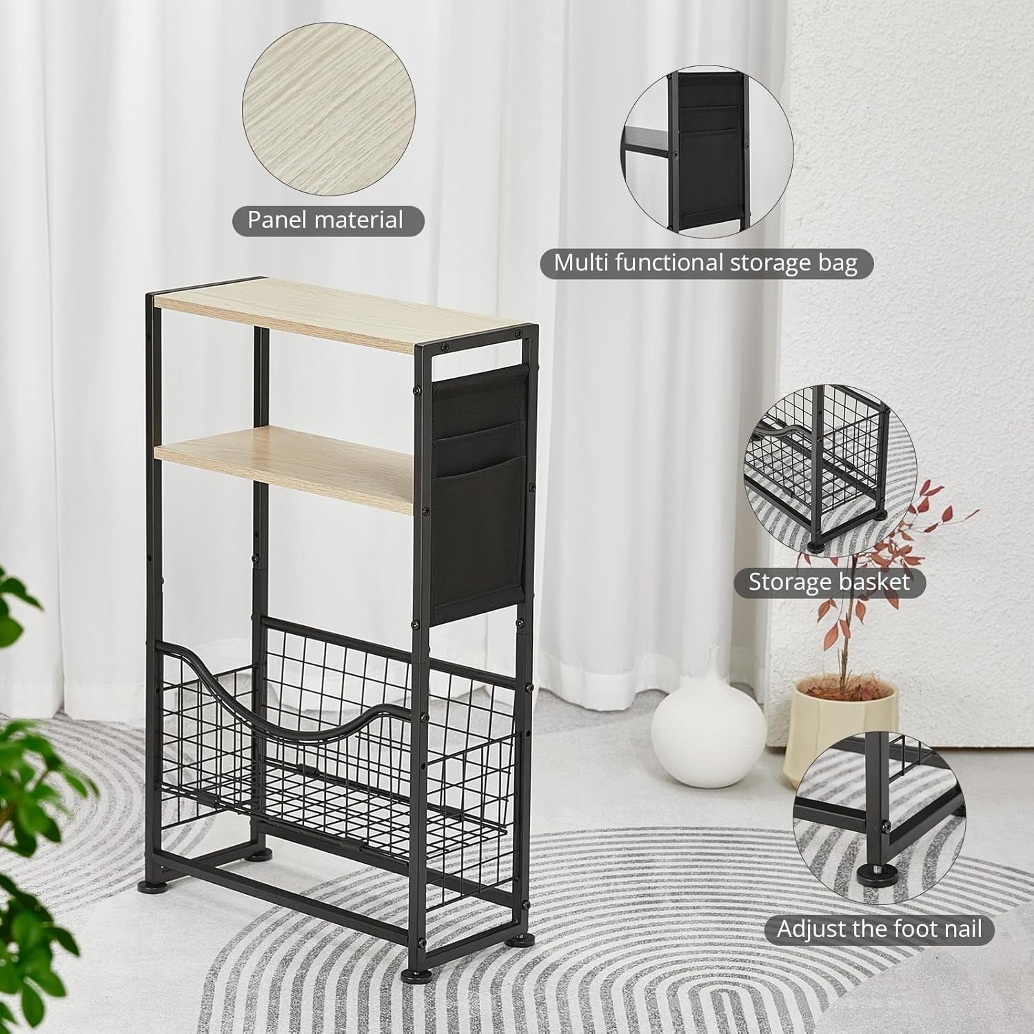 3-Tier Narrow Side Table 30x30x50 cm | Slim End Table w/ Magazine & Fabric Stora