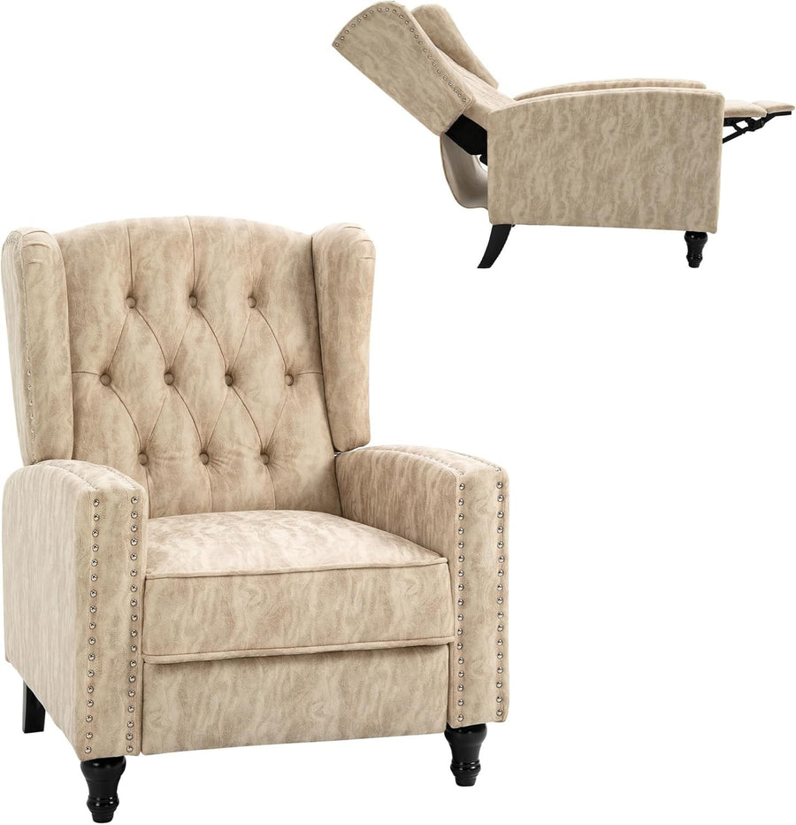 Beige Recliner Armchair with Footrest Wingback Tufted Chair Vintage Look