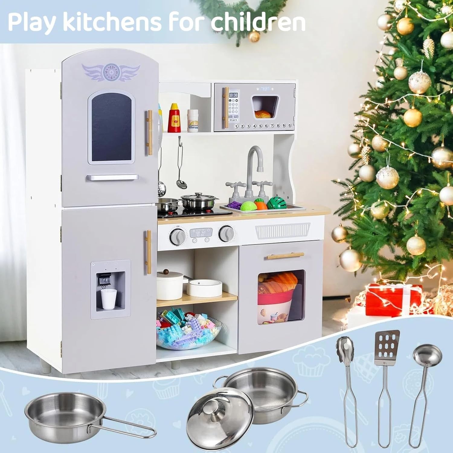 Kids Wooden Play Kitchen w/ Lights Sounds Ice Cream Maker Grey