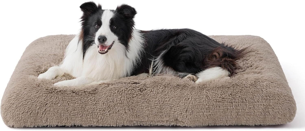Large Fluffy Dog Crate Bed Washable Anti Slip Warm Cushion 89x58cm Camel