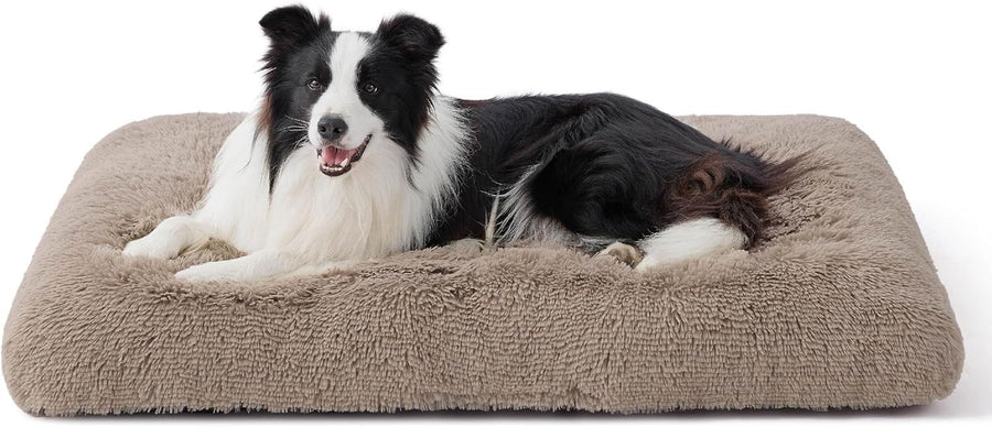 Large Fluffy Dog Crate Bed Washable Anti Slip Warm Cushion 89x58cm Camel