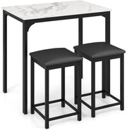 3 Piece Bar Table Set with Stools Marble Effect Top Counter Height Cream White