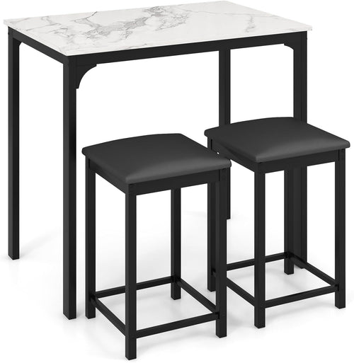 3 Piece Bar Table Set with Stools Marble Effect Top Counter Height Cream White