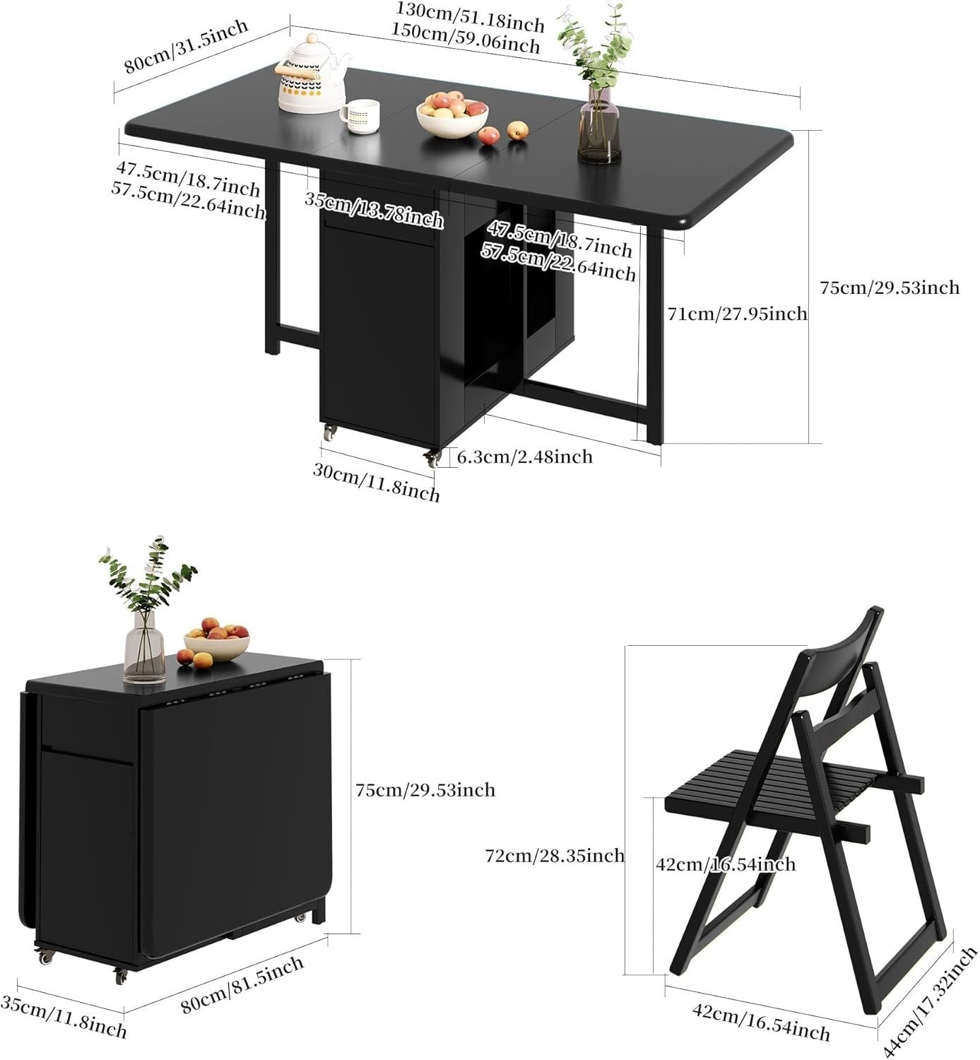 130CM Extending Dining Table with Drawers & Castors for Small Spaces