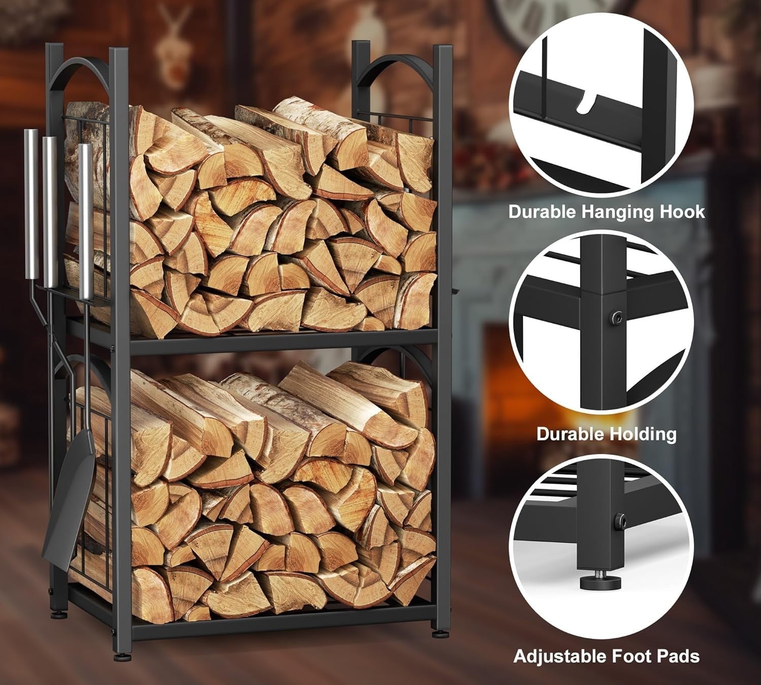 2 Tier Firewood Log Rack Indoor Outdoor Rustproof Metal Storage Shelf 78x46x32cm