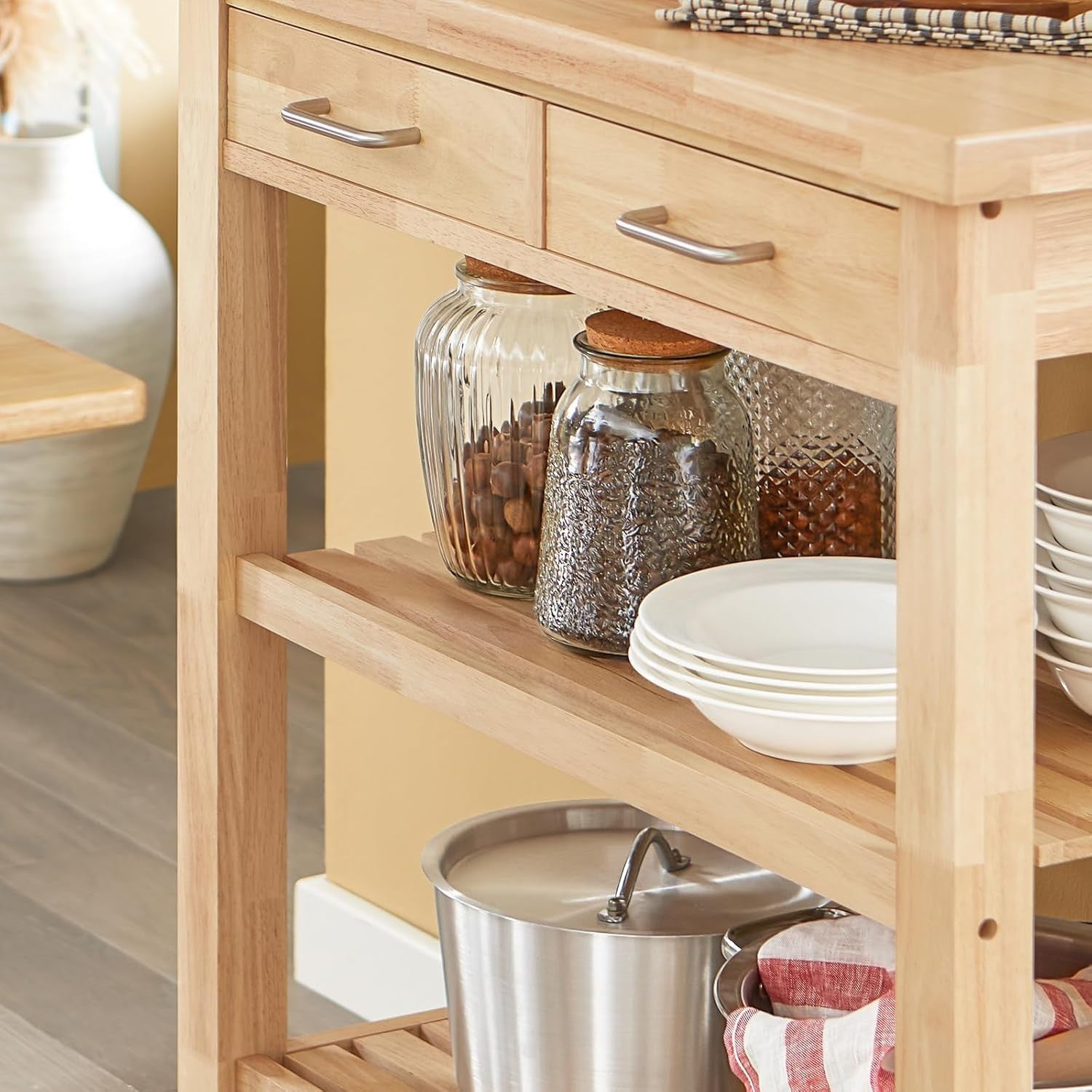 80x40x90cm Rubberwood Kitchen Trolley 2 Drawers