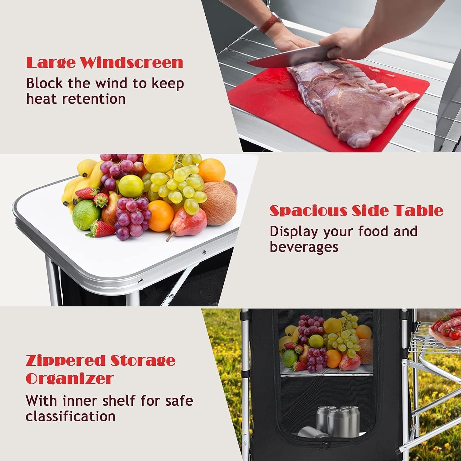 Folding Camping Kitchen Table Portable Outdoor Storage BBQ Picnic 172x48x110cm