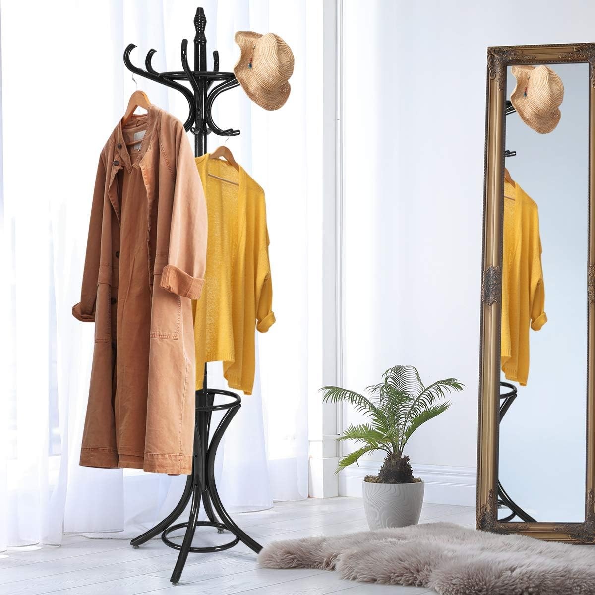 12 Hook Freestanding Wooden Coat Rack Stand with Umbrella Holder – Black