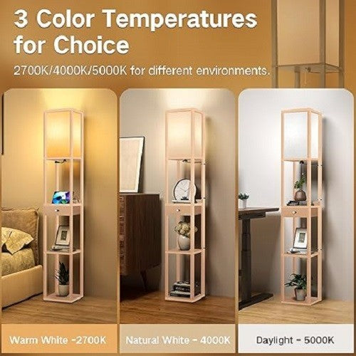Floor Lamp with Drawer Shelves USB Dimmable LED Wooden Standing Light