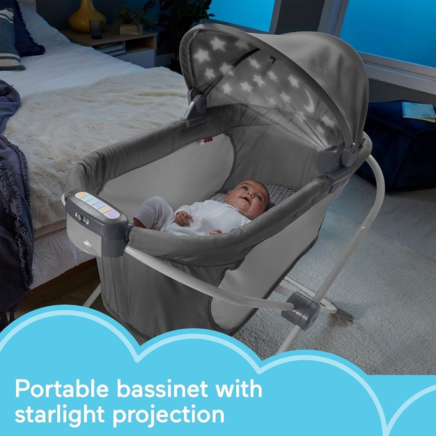 Portable Rocking Baby Bassinet with Lights Music Vibrations Slim Fold Crib