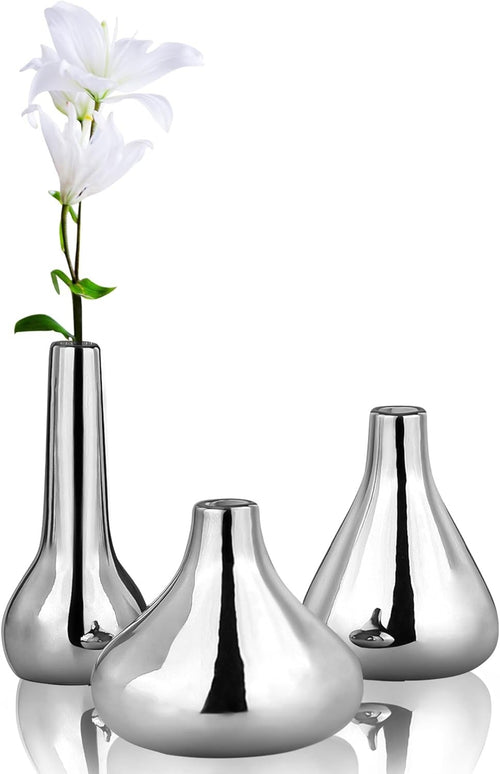 Silver Bud Vase Set of 3 Modern Table Centerpiece Wedding Home Decor