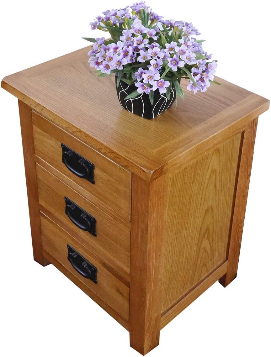 Rustic Oak Bedside Table with 3 Drawers, Solid Wood Nightstand 56x42x32cm