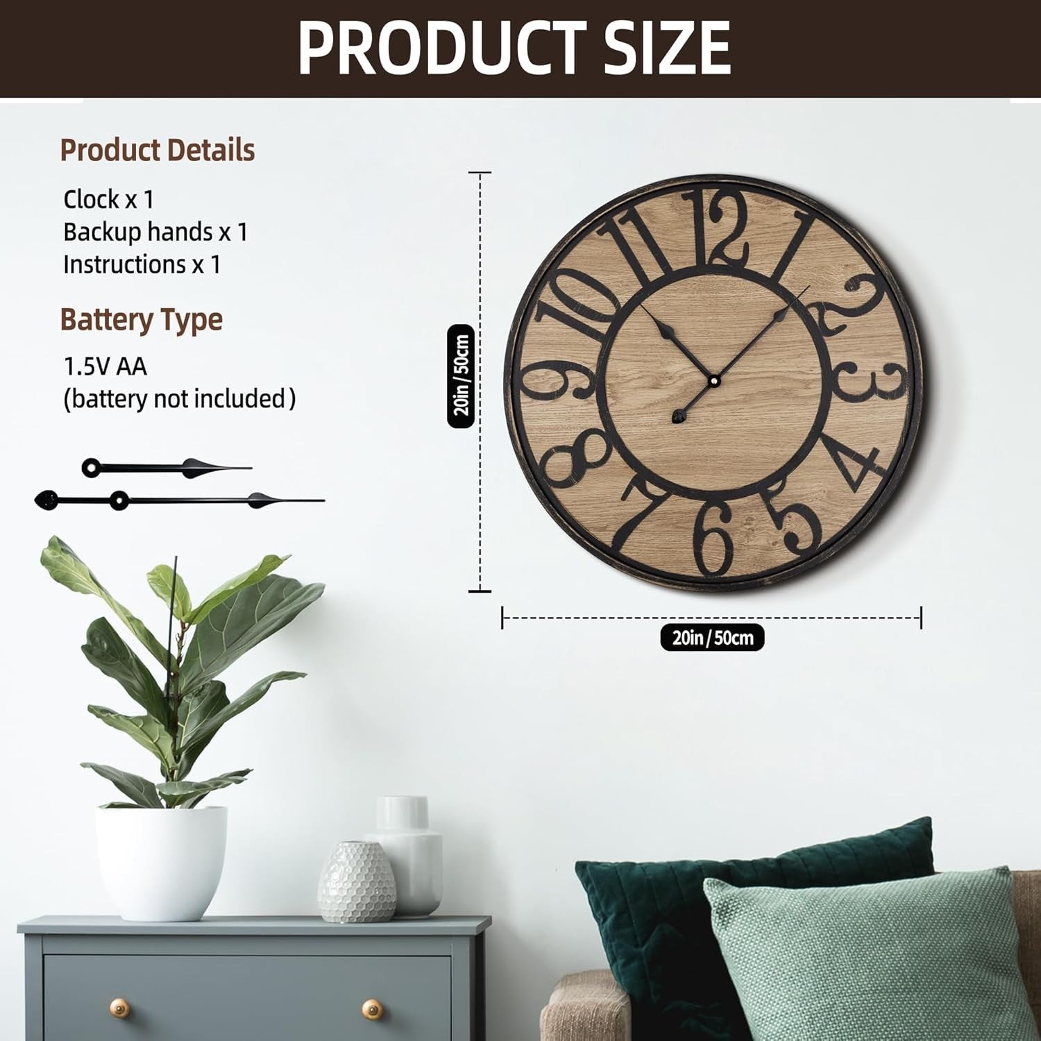 Rustic Wall Clock 20" Silent Wood Metal Bronze Large Farmhouse Decor