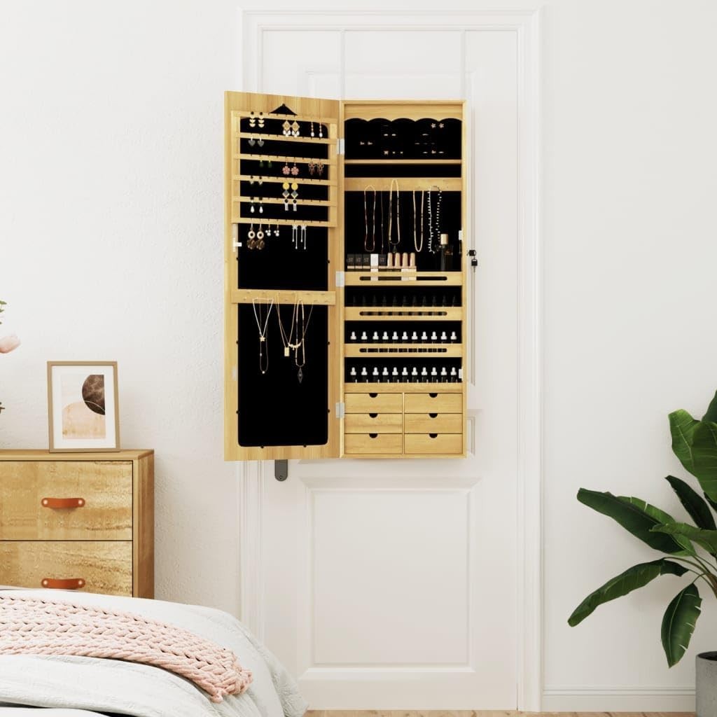 Slim Wall Mounted Jewelry Cabinet Mirror Lockable Storage Armoire Brown