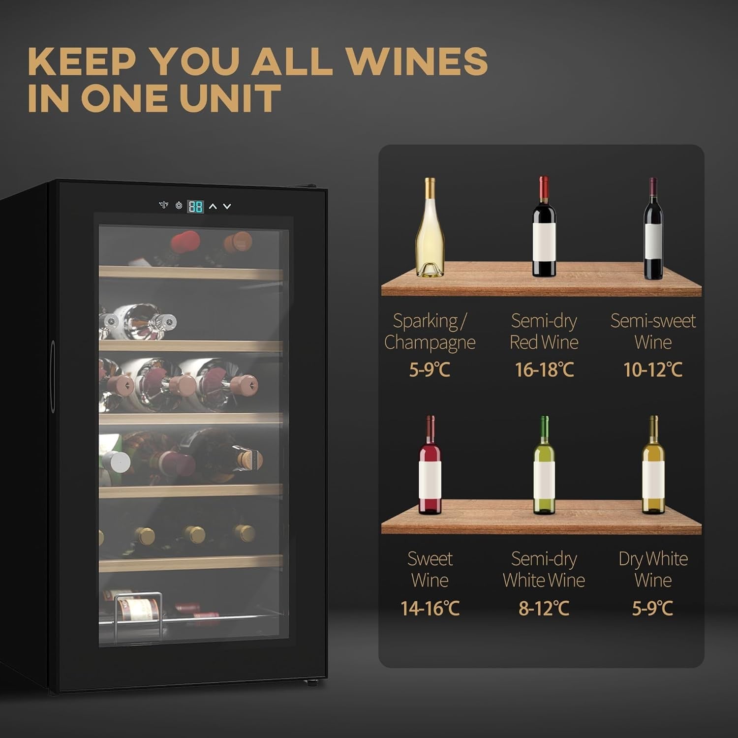 24 Bottle Wine Cooler Fridge Glass Door LED Touch Control Freestanding