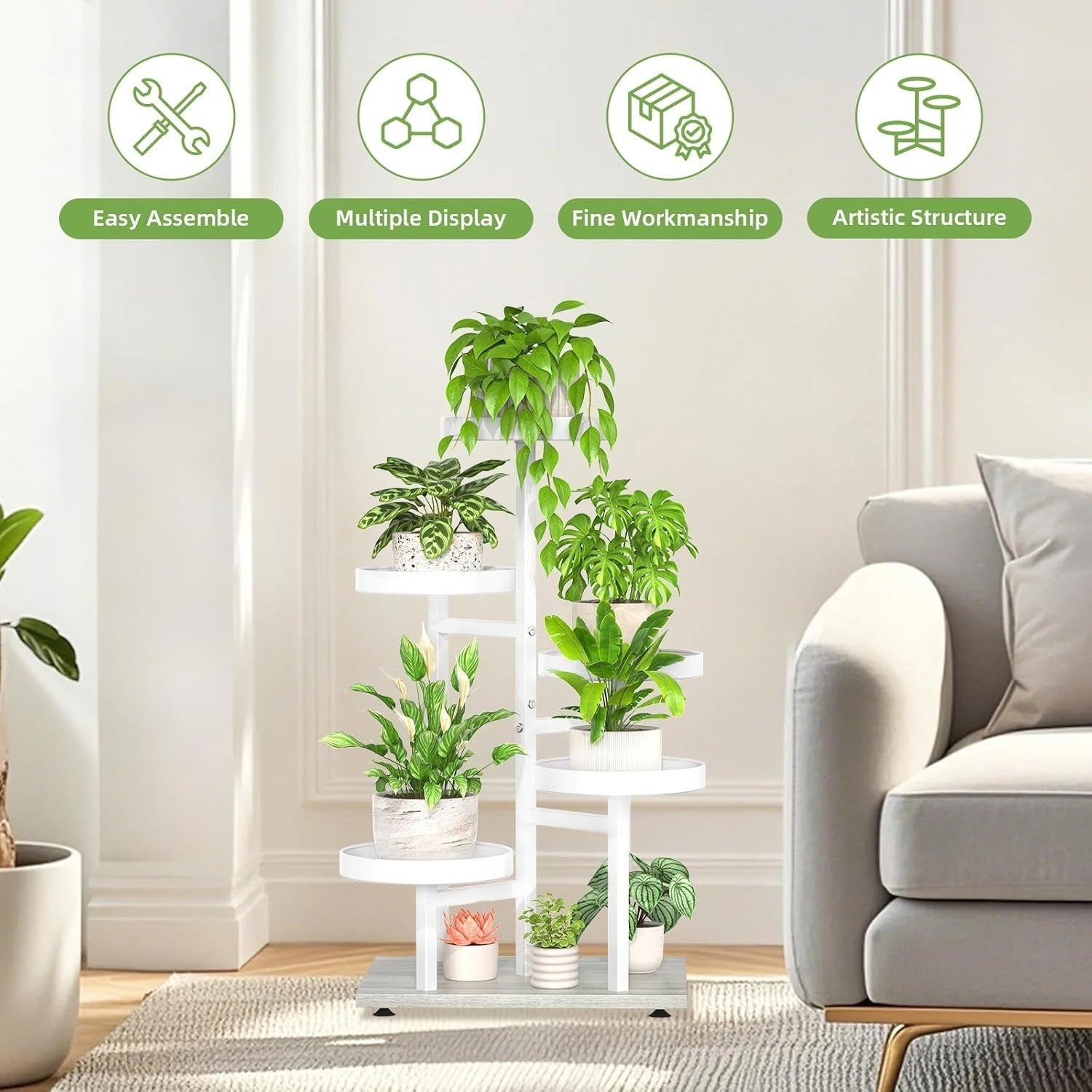5-Tier White Metal & Wood Plant Stand, Tall Indoor Outdoor Flower Display Rack