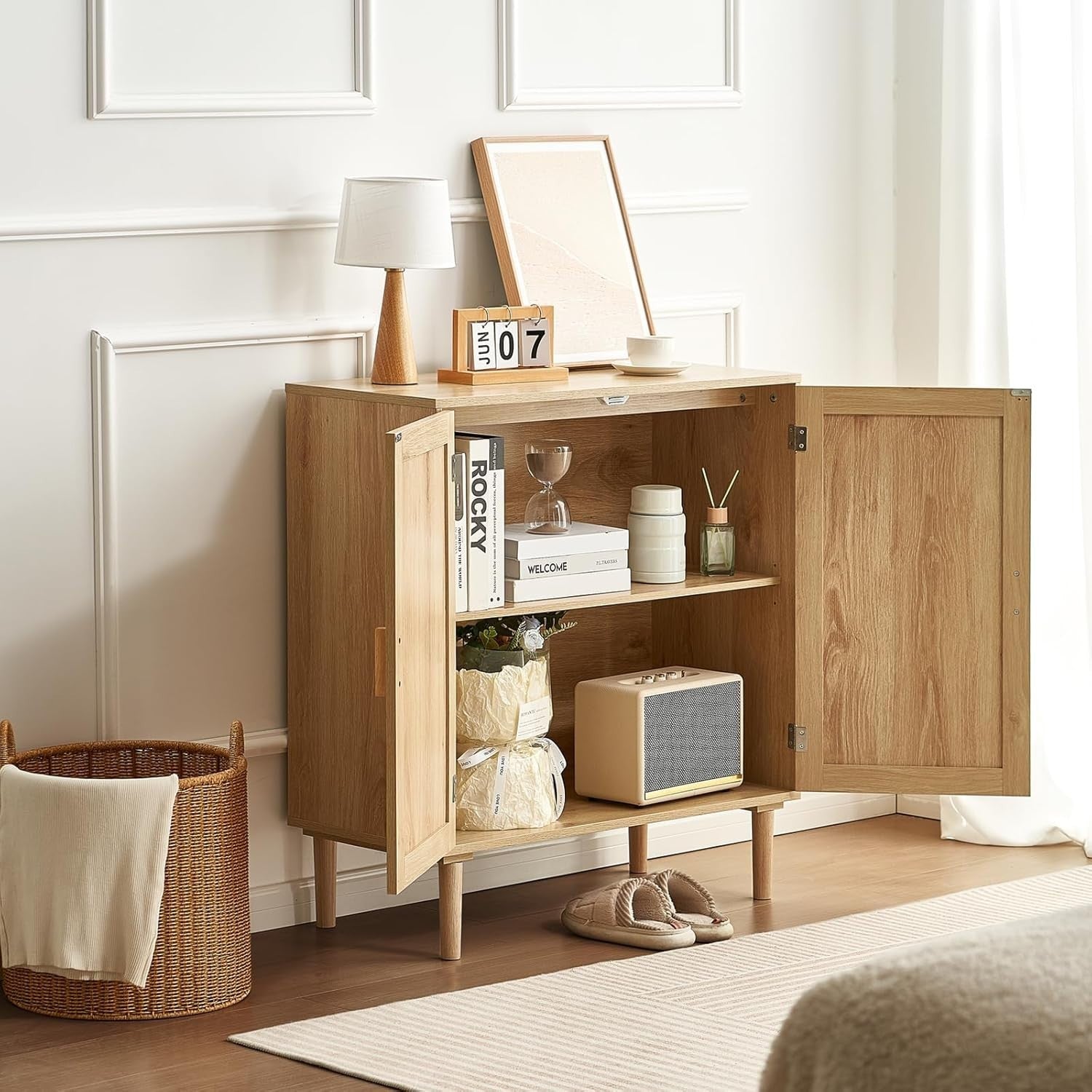 Rattan Storage Cabinet Sideboard Unit 2 Door Adjustable Shelf Boho Style