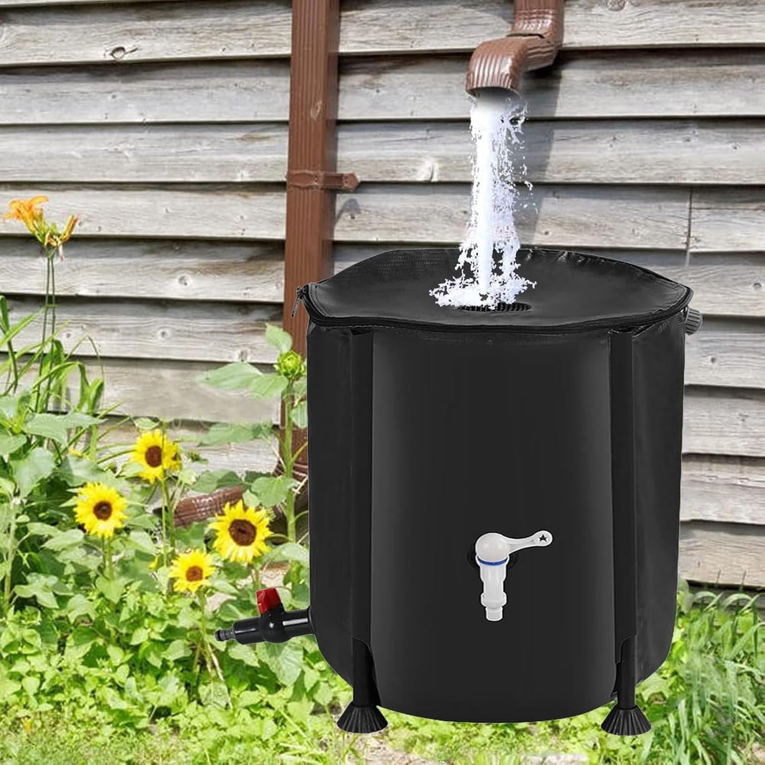 50L Foldable Rain Barrel with Stand Tap Outdoor Garden Rainwater Collector Black