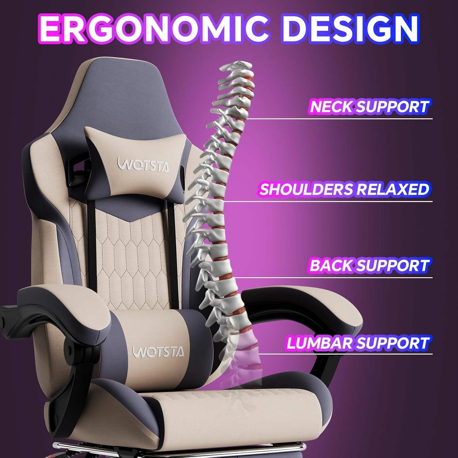 Ergonomic Gaming Chair Beige Blue w/ Footrest Lumbar