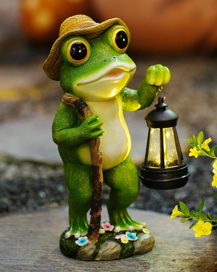 Solar Frog Garden Statue with Lantern – Resin Outdoor Decor