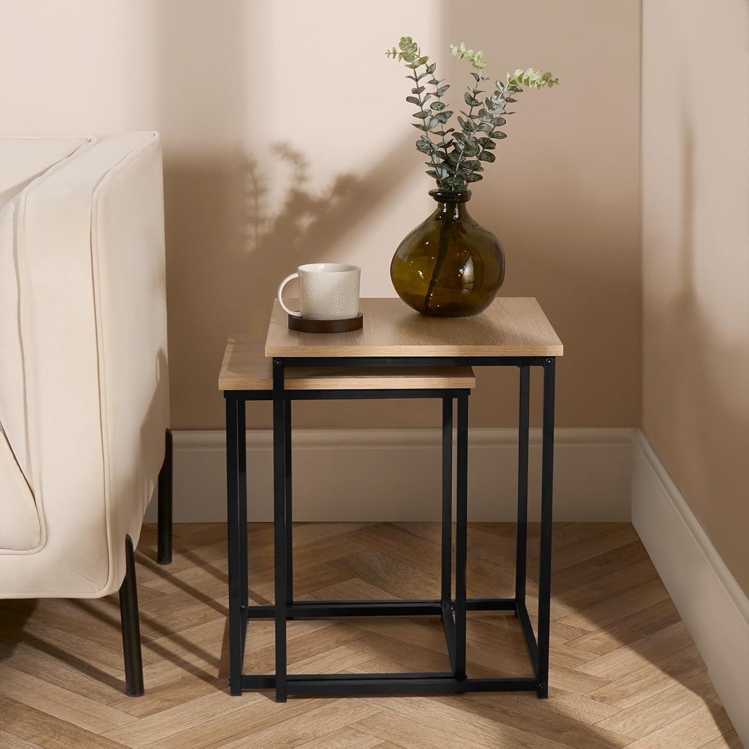Nesting Side Tables Set 2 Wood/Black Metal Frame Rustic Modern Lamp Coffee