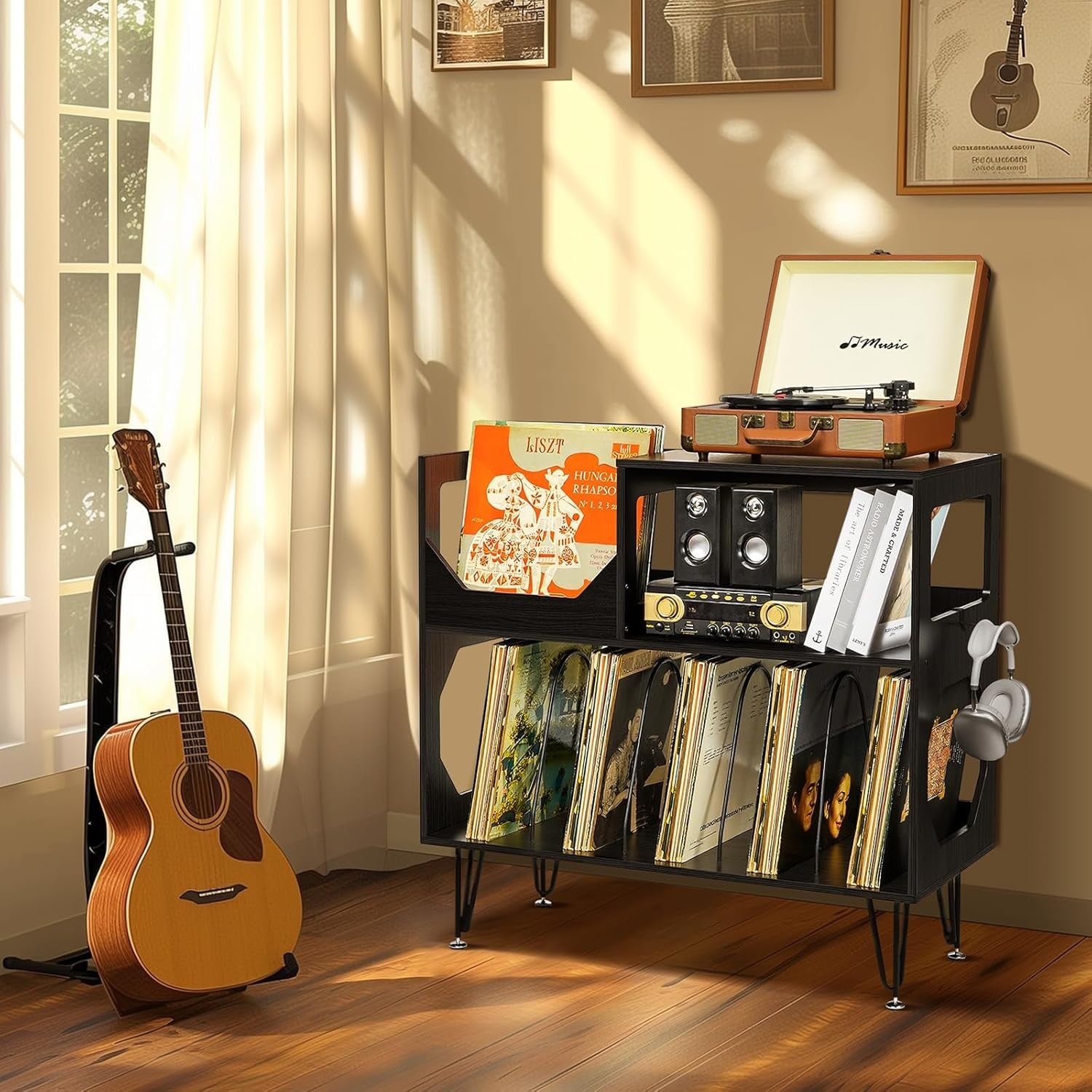 Large Record Player Stand Vinyl Storage Cabinet Holds 370 Albums Black