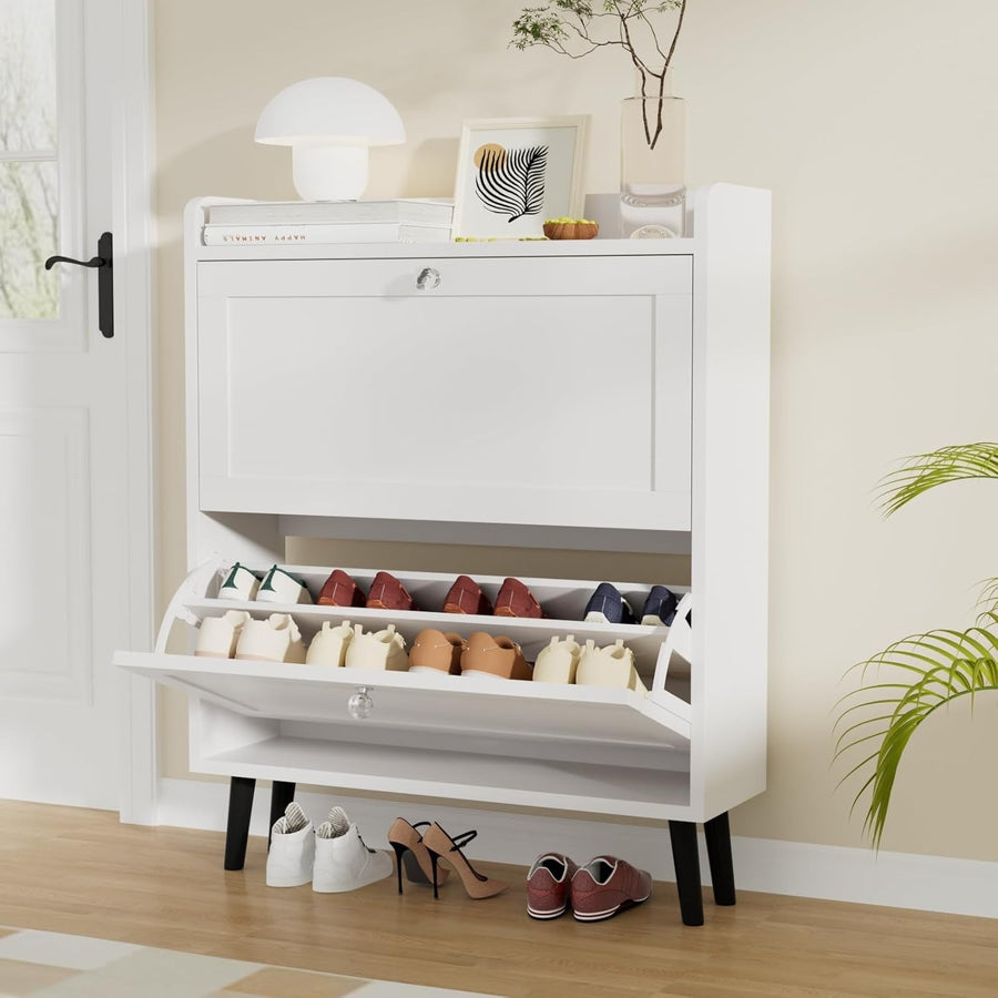 Slim White Shoe Cabinet 2 Flip Drawers with Storage, 80cm Entryway Unit