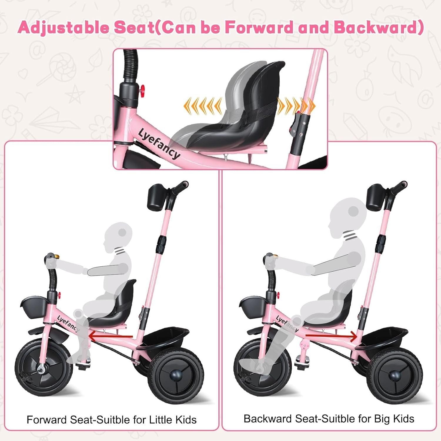 Kids Tricycle 2 In 1 Push Trike Parent Handle Adjustable Seat Basket Pink