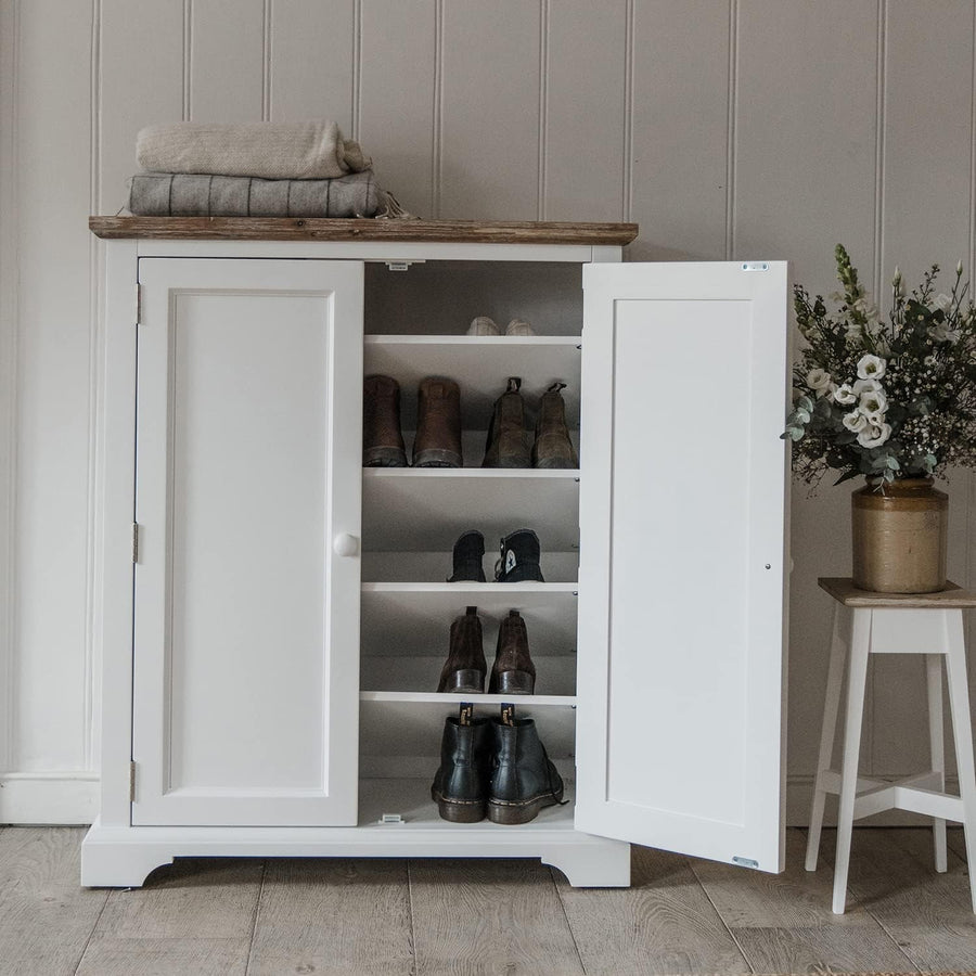 White Wooden Shoe Cabinet with Adjustable Shelves & Airflow Doors