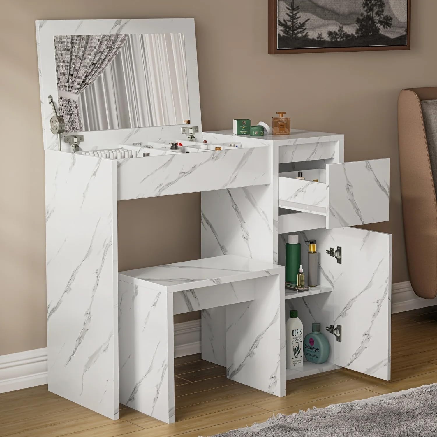 2-in-1 Vanity Dressing Table Desk Flip Mirror Stool Storage Drawer White Wood