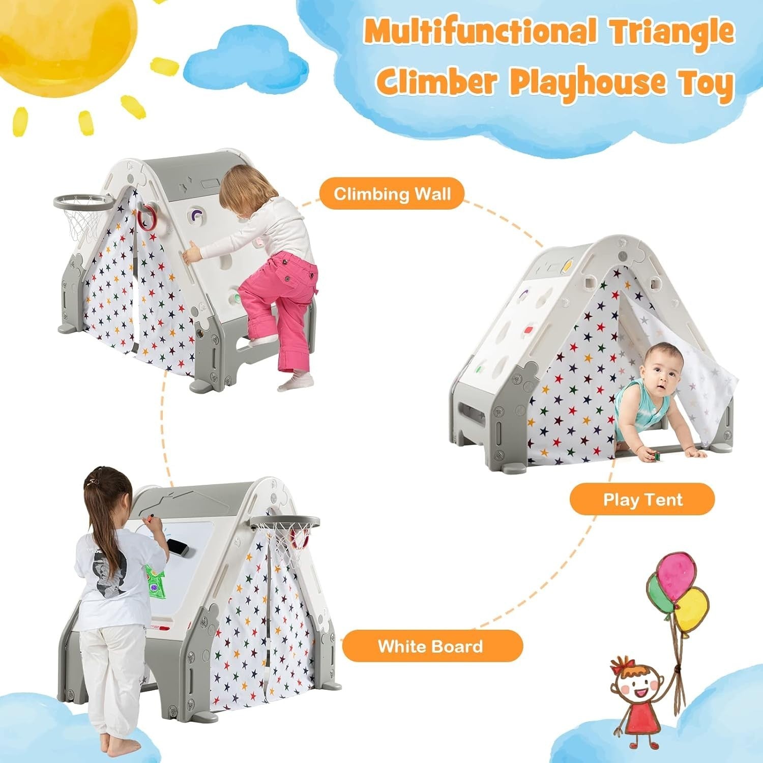 6 in 1 Kids Playhouse Activity Tent w Climbing Wall Hoop Board