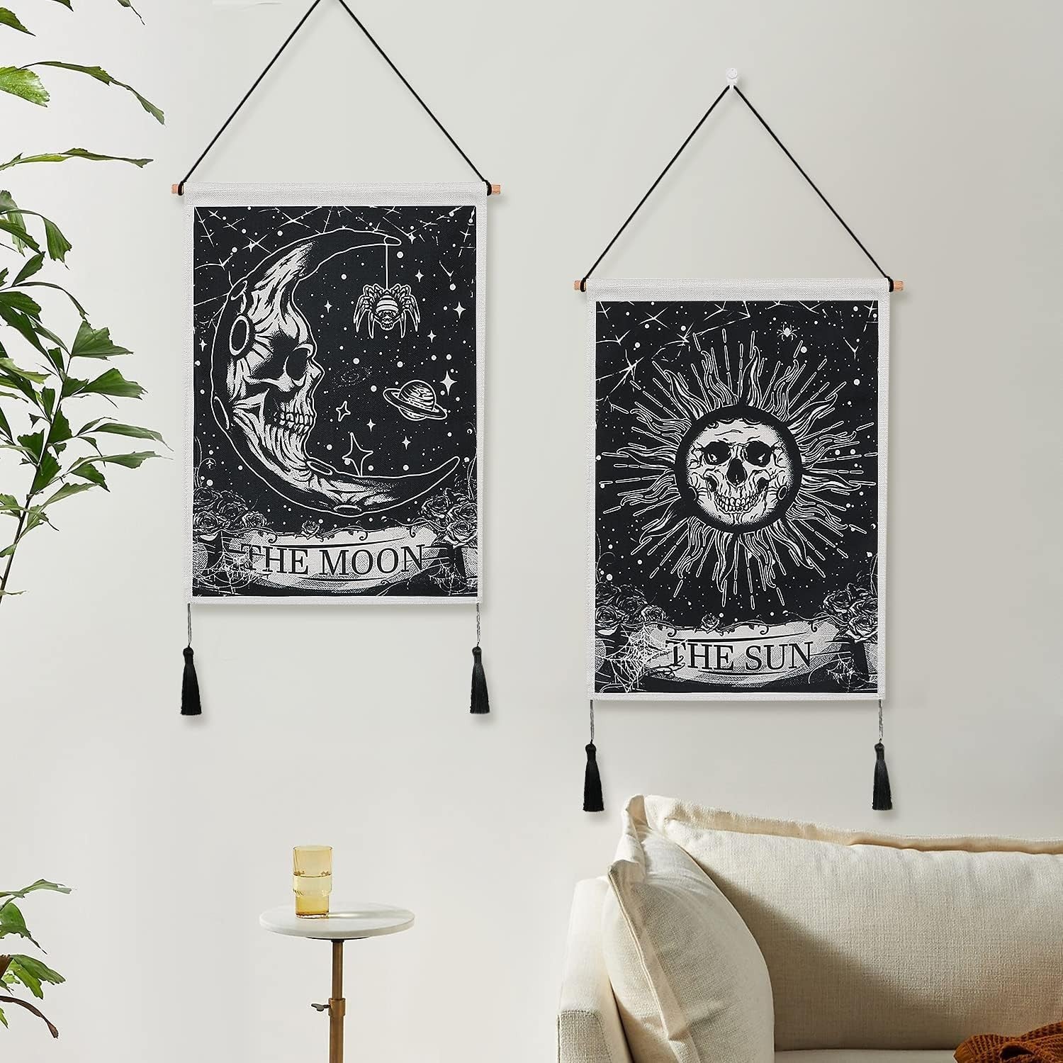 Pack of 2 Moon & Sun Skull Tapestries Boho Wall Decor Dark/White