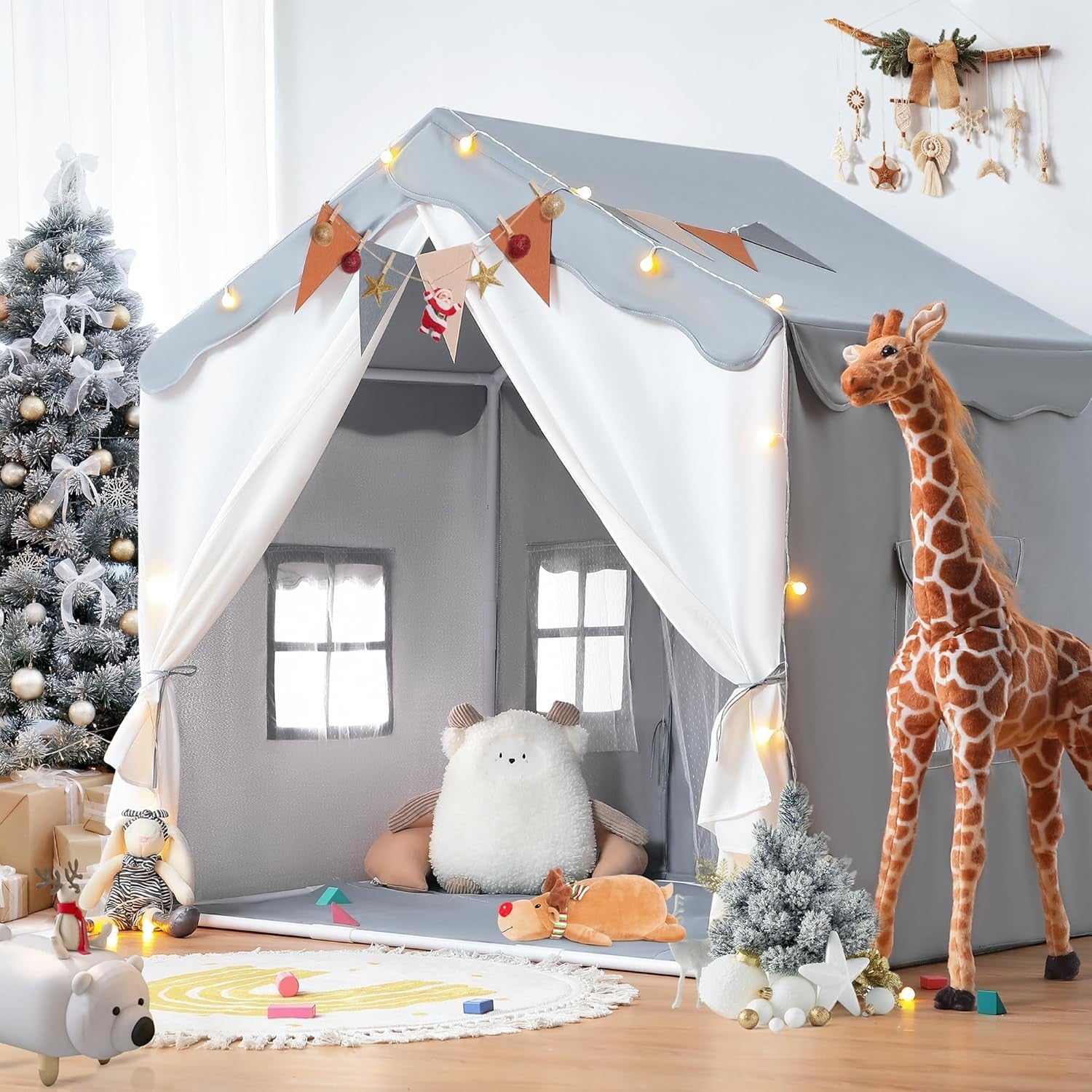 Grey Kids Play Tent Bed Canopy with Lights Padded Indoor Castle