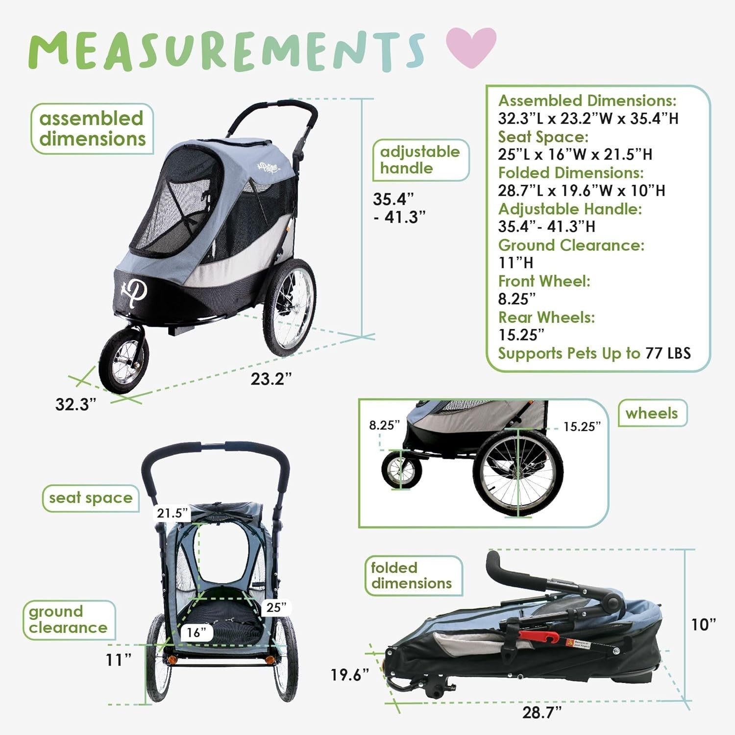 Large Dog Stroller 3 Wheel Jogger Pet Pram Grey for Medium Large Dogs