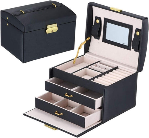 Large PU Leather Jewelry Box with Mirror 3 Layer Organizer 2 Drawers