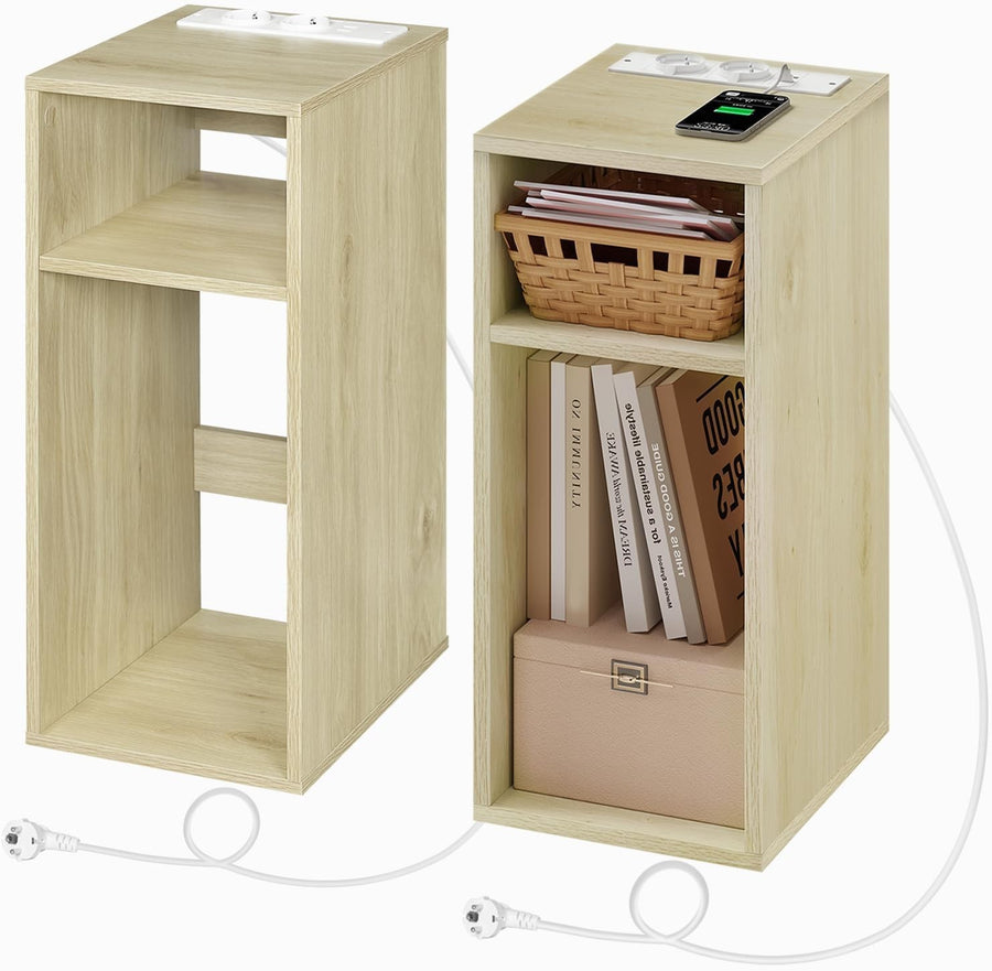Set of 2 Bedside Tables with USB Ports & Power Sockets – Light Oak Nightstands