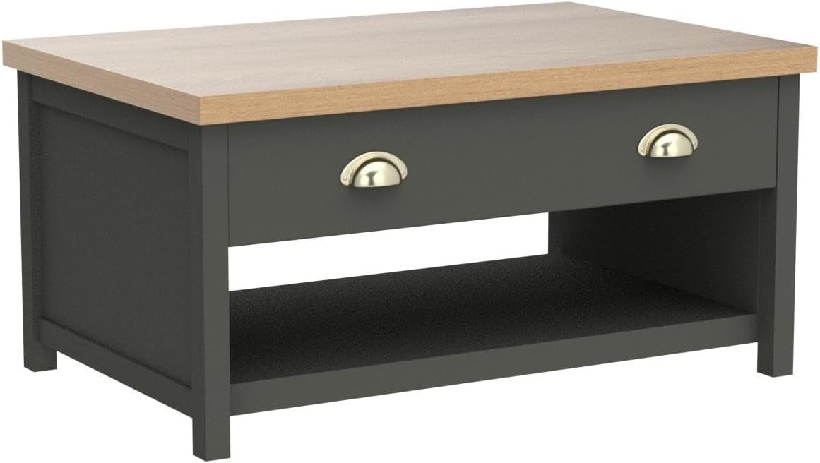 Modern Dark Grey Coffee Table with 2 Drawers Oak Effect 90x58x45cm Durable