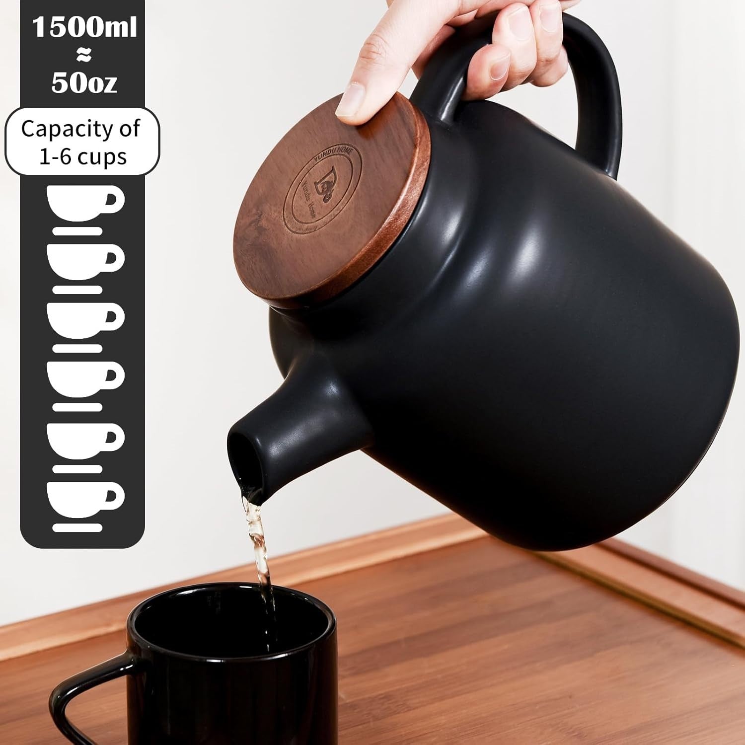 Large Ceramic Teapot 1500ml Black with Infuser Wood Lid Loose Leaf Tea